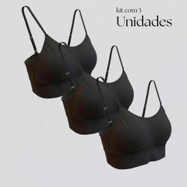 Imagem de Kit 3 Tops Canelados De Academia Preto Com Alça Regulável E Bojo 143 -
