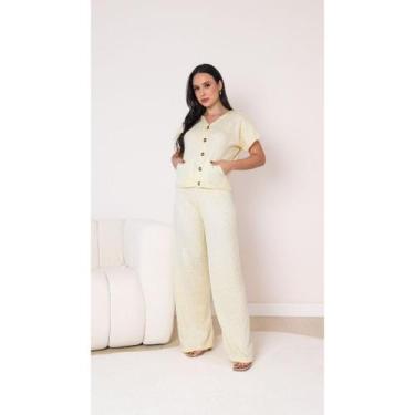 Imagem de Conjunto Feminino Tricô Verão 100% Acrílico Blusa Soltinha + Calça Ret