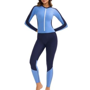 Imagem de Maiô feminino Rash Guard de manga comprida com proteção solar com estampa esportiva, maiô inteiro FPS 50+, Azul claro, Small