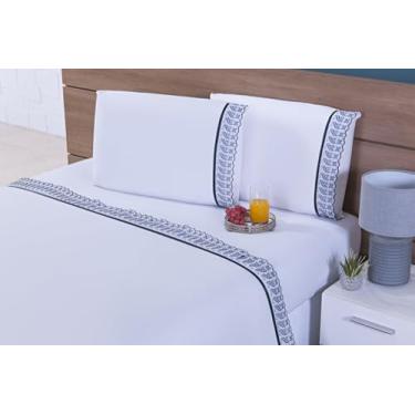 Imagem de Jogo Lençol 3 Peças Cama Solteiro King 203x120 100% Algodão Barrado em Lese (Preto, 30cm, 300)