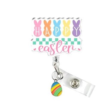 Imagem de Carretel de crachá de Feliz Páscoa, lindo porta-crachá retrátil de primavera com clipe jacaré, suporte de etiqueta de identificação de coelho, presente para enfermeira, médico, estudante, professor