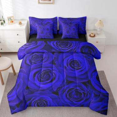 Imagem de Erosebridal Jogo de cama solteiro com estampa floral de rosas azuis e pétalas de jardim, lençol com elástico, 7 peças, romântico, para mulheres, meninas, romântico, dia dos namorados