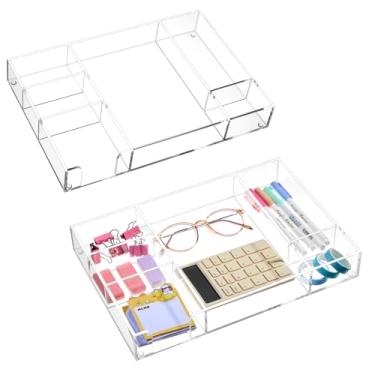 Imagem de Briwooody 2 organizadores de gaveta de mesa de acrílico transparente, 30 x 20 x 4 cm, bandejas organizadoras de gaveta com 6 compartimentos, acessórios de mesa para escritório, maquiagem, talheres e