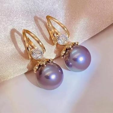 Imagem de Brincos pendentes femininos com design de pérolas florais roxas elegantes de zircônia cúbica, acessórios de joias, presente, One Size, Liga de aço, Zircônia cúbica