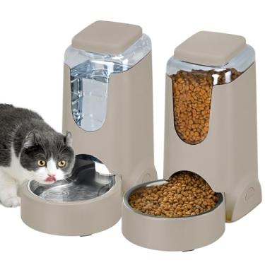 Imagem de Pacote com 2 alimentadores automáticos para gatos e dispensador de água de aço inoxidável, conjunto de bebedouro para cães por gravidade, conjunto de alimentador e bebedouro para animais de estimação