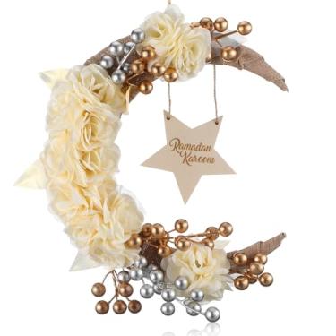 Imagem de Lineshading Grinaldas Eid Ramadan Mubarak, decorações de ramadã para casa, porta da frente, decoração Eid, argola redonda de metal, guirlanda floral para pendurar na parede, janela, ambientes internos