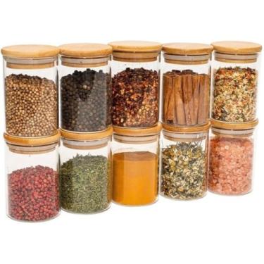 Imagem de Kit 10 Potes de Vidro Hermético 300ml com Tampa de Bambu para Armazenar Temperos, Grãos, Café, Chá e Alimentos Secos