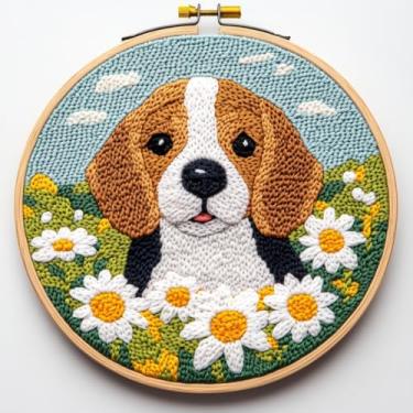Imagem de Kit de agulhas de punção DIY lindas flores de cachorro beagle, fácil para iniciantes, conjunto de bordado com padrão de argola estampada para amantes de artesanato e decoração de casa - 3