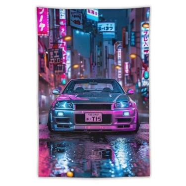 Imagem de HouLaiZhe JDM Tapeçaria de carro neon carro esportivo R32 Jdm pendurar na parede quarto decoração de casa tapeçarias estética piquenique decoração de parede arte de parede para dormitório sala de