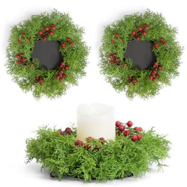 Imagem de Fuxdre 2 anéis de vela de Natal, guirlanda, armário de cozinha de Natal, mini guirlanda, bagas artificiais, pinheiro nevado, suporte de vela para lustre de Natal, mesa de casa, centro de mesa