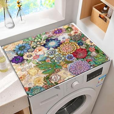 Imagem de Tapete protetor antiderrapante para máquina de lavar e secar roupa à prova de poeira com design floral boho multicolorido universal 59,9 cm x 50 cm para decoração de lavanderia e cozinha