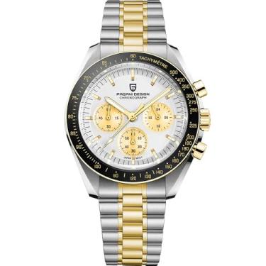 Imagem de TYBERLEY Pagani Design 1701 Relógio de pulso masculino com cronógrafo profissional Japão VK63, movimento de quartzo, lua, aço inoxidável, 100 m, impermeável, casual, analógico, data, Ouro branco