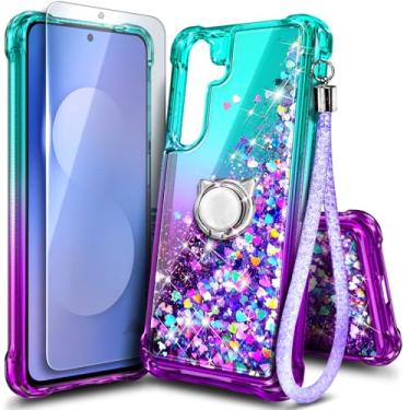Imagem de Capa NGB projetada para Samsung Galaxy S25-FE, Aqua/Roxo | Capa fofa com glitter líquido brilhante para mulheres, meninas e crianças | com protetor de tela, suporte de anel e cordão de pulso