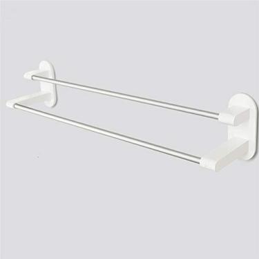 Imagem de Suporte de toalheiro fita branca haste dupla toalha cabide de toalha acessórios de banheiro sem perfuração de