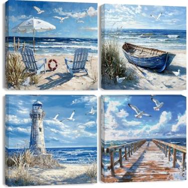 Imagem de Clendo Pacote com 4 kit de pintura de praia por números para adultos iniciantes emoldurado - kits de pintura por números para adultos da costa faça você mesmo em tela, pintura a óleo acrílica pequena