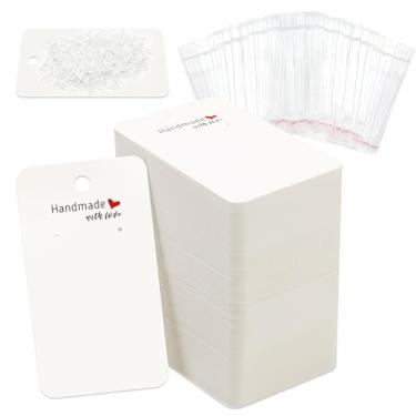 Imagem de Sekonow Pacote com 200 brincos, porta-cartões com 200 sacos e 400 costas, embalagem de brincos para venda de joias, feito à mão com etiquetas de amor, papelão branco