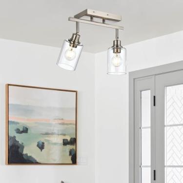 Imagem de TULUCE Iluminação De Trilho Com 2 Luzes, Luminárias Modernas Para Teto, Holofotes Teto Em Níquel Escovado Cúpula Vidro Transparente E Cabeça Giratória Flexível Cozinha Sala Estar