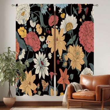 Imagem de MESHELLY Cortinas pretas Boho Flora 106 cm L x 153 cm A bolso para varão flores rústicas de meados do século flores silvestres planta botânica quarto janela cortinas retrô estética impressa sala de