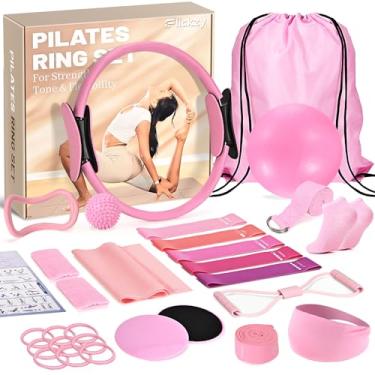 Imagem de Flickzy Conjunto de anéis de Pilates para mulheres, anéis de Pilates Magic Circle 30,5 cm com faixas de resistência, equipamento de Pilates para treino em casa, kit de Pilates para força, tonificação