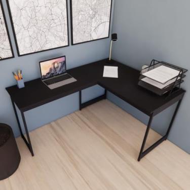 Imagem de Mesa Em L Estilo Industrial Escrivaninha De Canto Escritório Estudo (Preto Pés Pretos)
