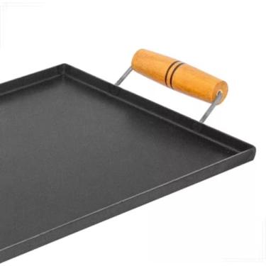 Imagem de Chapa de Hambúrguer para Fogão com Prensa, Antiaderente, Cabo de Madeira, 60x30cm, Preta