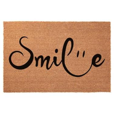 Imagem de Tapete engraçado de boas-vindas - Smile Happy Face Natural Coco Coco Coir Heavy Duty Backing Capacho frontal bonito antiderrapante porta da frente entrada e exterior, marrom 23,6 x 15,7 polegadas