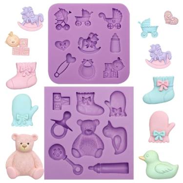 Imagem de Acvcatto Moldes de silicone para chuveiro, pacote com 2, moldes de fondant de urso de pelúcia de cavalo de balanço, molde de chocolate para carrinho de bebê de garrafa para fazer doces faça você mesmo