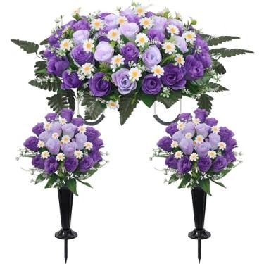 Imagem de Wocst Sela de flores de lápide, flores de cemitério artificiais grandes para sepultura, pacote com 2 buquês de rosas artificiais de seda e margaridas com vasos de cemitério para decorações de túmulos
