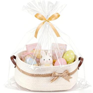 Imagem de Cesta de armazenamento de corda de algodão com alças, 35 x 25 x 14 cm, cesta vazia de tecido, cestas de presente para presentes, roupas, brinquedos de fraldas de bebê (branca)