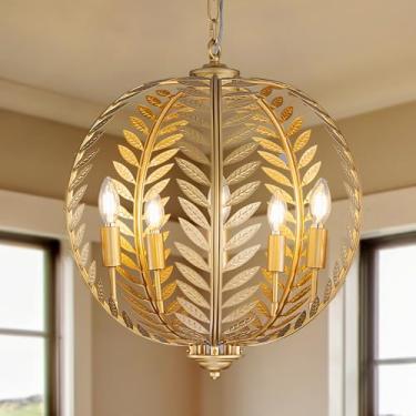 Imagem de Wellmet Lustre de esfera dourada, luz pendente de folha de fazenda, lustre de planta dourada rústica, para sala de estar, quarto, sala de jantar, cozinha, entrada, corredor
