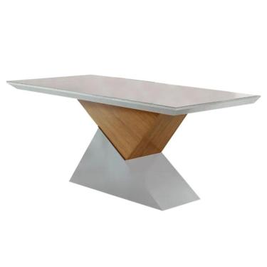 Imagem de Mesa de Sala Jantar Dubai + Tampo Madeirado Vidro Reto 180x90cm Imbuia/Off White - Rufato