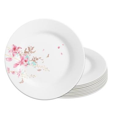 Imagem de Jogo 10 Prato Raso De Vidro Branco Flowers Bord 25,5cm Em Casa Tem