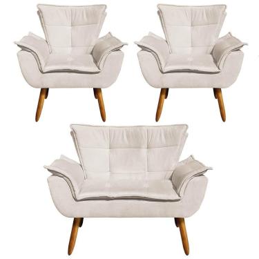 Imagem de Kit Namoradeira 2 Lugares E 2 Poltronas Decorativas Pés Palito Opla Suede Bege - Ibiza