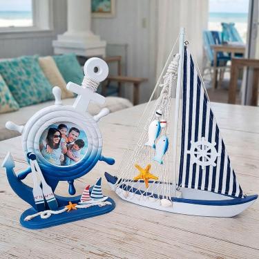 Imagem de Porta Retrato E Barco Decoração Casa Praia Náutico Kit 2pçs