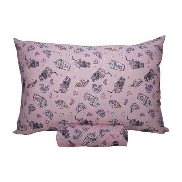 Imagem de Jogo de Lençol Solteiro KazzaVip Malha Misto 70% Algodão e 30% Poliéster Estampado com Elástico 2 Peças Milk Skake Rosa