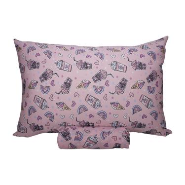 Imagem de Jogo de Lençol Solteiro KazzaVip Malha Misto 70% Algodão e 30% Poliéster Estampado com Elástico 2 Peças Milk Skake Rosa