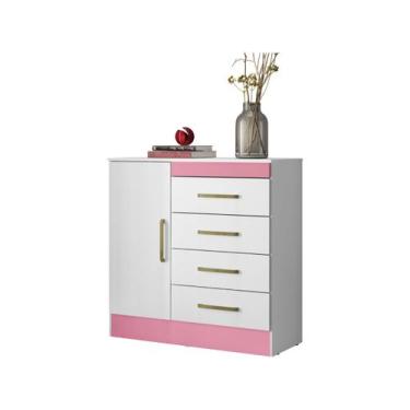 Imagem de Cômoda Montevidéu Flex 1 PT 4 GV Branca e Rosa - Modern, Branco e Rosa