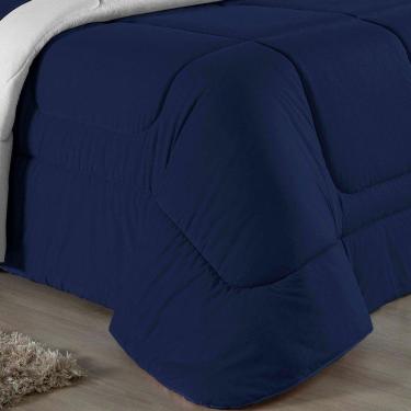Imagem de Kit Edredom Dupla Face + Jogo De Lençol Casal Nobre 6 Peças Malha 100% Algodão - Azul-marinho / Branco