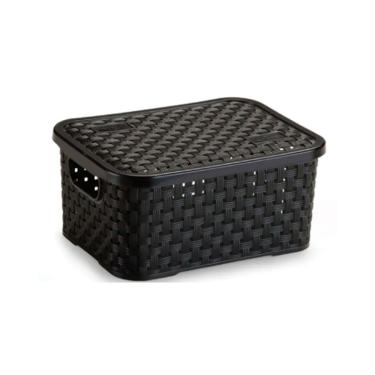 Imagem de Cesto Organizador Rattan para Armazenamento em Polipropileno com Tampa Empilhável 2L Pr...