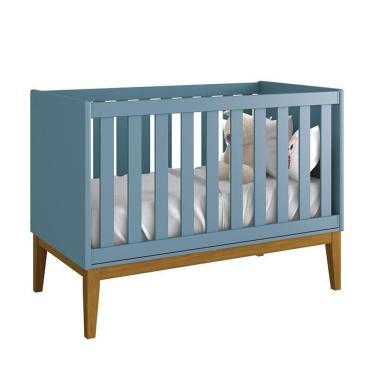 Imagem de Berço Mini Cama Classic Azul Fosco Com Pés Amadeirado - Reller Móveis Azul Fosco
