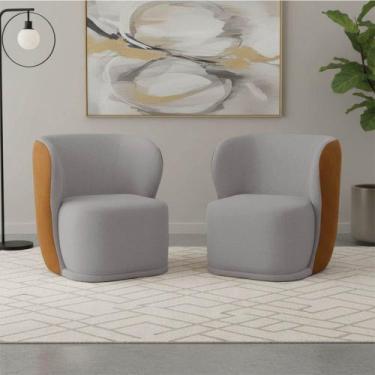 Imagem de Poltrona Sala Orgânica Base Giratória Ayla Kit 2 Pu Nozes e Linho K01 