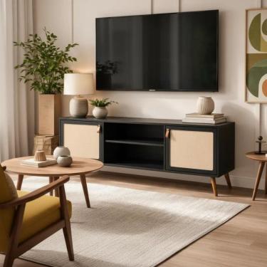 Imagem de Rack Viena Com Pés De Madeira Tela Natural e Couro 140cm