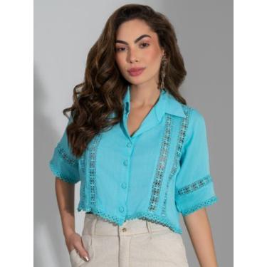 Imagem de Camisa com botoes e renda viscose luxo elegante evento trabalho estilo