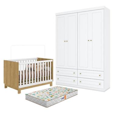 Imagem de Kit Berço Americano Mini Cama Q Encanto Slim com Guarda Roupa 4 Portas Colchão Incluso Freijó Branco Qmovi