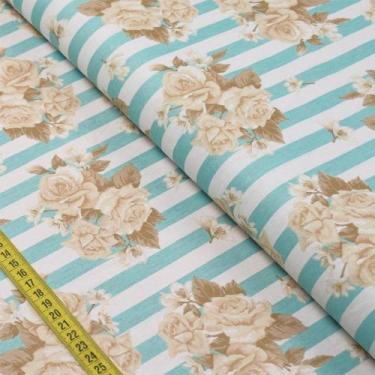 Imagem de Tecido Estampado para Patchwork - Classique : Rosas com Listra Tiffany
