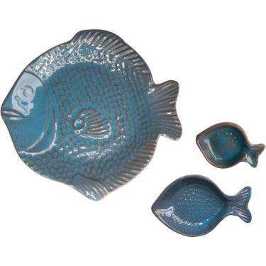 Imagem de Conjunto Bandeja Prato Peixe Grande Medio e Pequeno Acqua Marine - Art