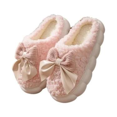 Imagem de Pantufas Femininas De Inverno Com Laço De Pelúcia, Sola Grossa Macia, 