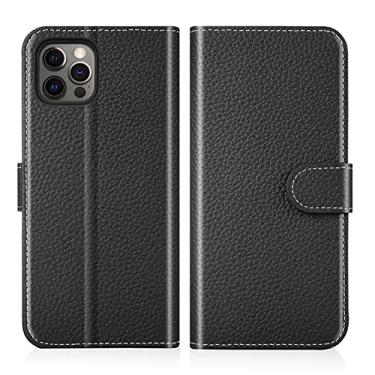 Imagem de LAHappyL Capa carteira de couro para iPhone 13 Pro Max/13 Pro/13, capa flip de couro legítimo de flor integral com função de suporte de cartão e fecho magnético, preta, 13 Pro de 6,1 polegadas