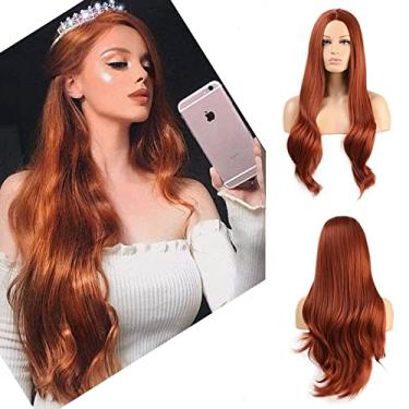 Imagem de Perucas femininas sintéticas afro crespo cor laranja ondulado natural peruca longa para mulheres negras e brancas cabelo de fibra de alta temperatura perucas de cabelo humano (cor: marrom ondulado, comprimento esticado: 61 cm)