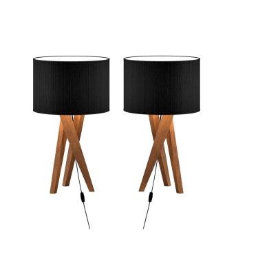 Imagem de 2 abajur de mesa para quarto pés de madeira cupula Preto